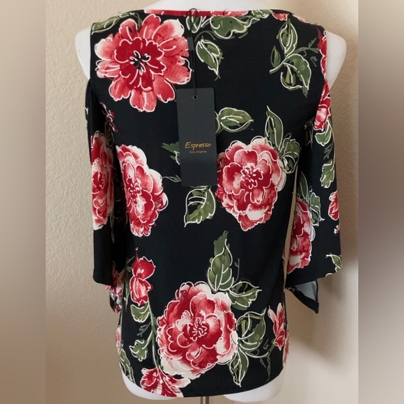 Floral blouse keyhole chest bell sleeves cold shoulders loose fit top black red - Picture 5 of 7